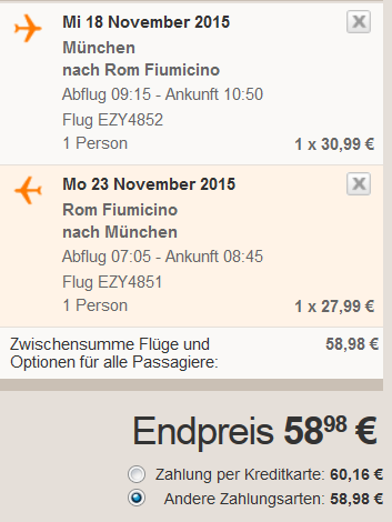 München Rom Singlereisen im November Easyjet Beispiel Flug