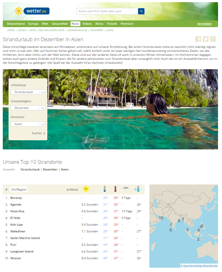 Der Urlaubsplaner von wetter.de erstellt Reisevorschläge unter anderem anhand von gesammelten Wetterdaten zum planen für Singlereisen, Singleurlaub und Alleinreisende