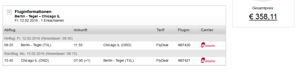 Flüge von Berlin nach Chicago pro Strecke nur 179€ im AirBerlin Adventskalender