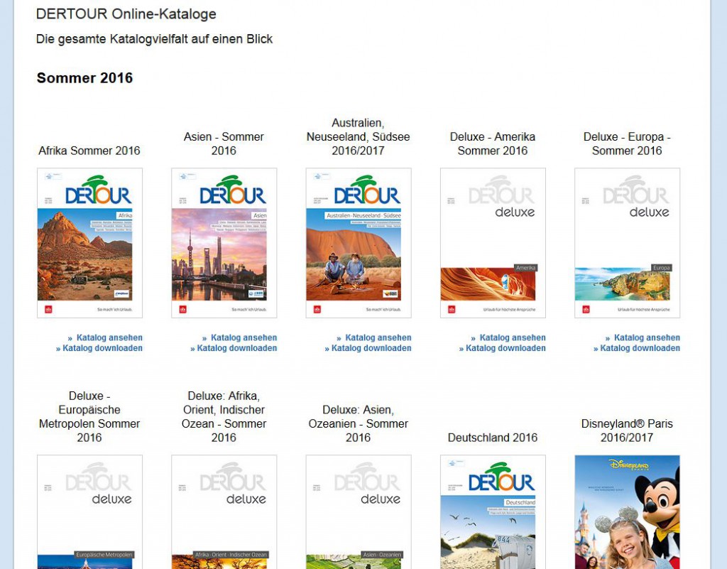 Alle DERTOUR Kataloge kann man online durchblättern (Screenshot: solo-urlaub.de)