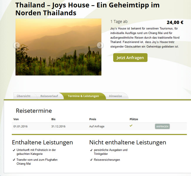 Beispiel für einen Tagesbaustein in Thailand -Unterkunft und Verpflegung mit Spa und Transfers