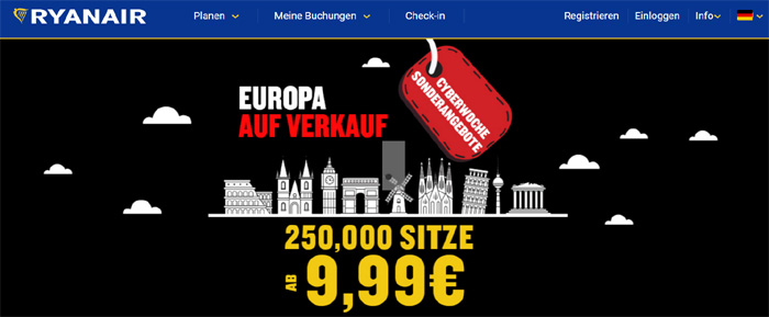 cyber week sale, singleurlau, singlereisen, ryanair, europa