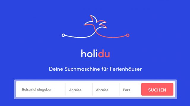 Der Startscreen von holidu.de (Screenshot), Ferienwohnung, Ferienhäuser finden , suchmaschine, urlaub, holidu
