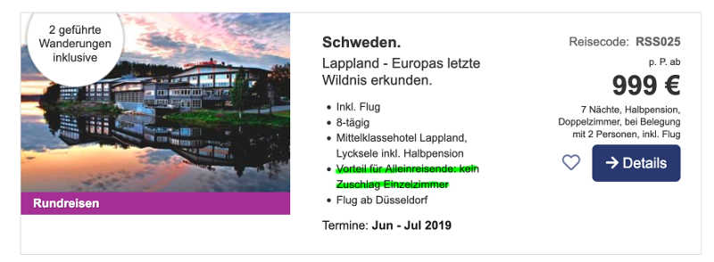Beispiel Lappland-Reise ohne Einzelzimmer-Aufschlag